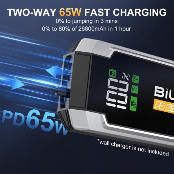FLYLINKTECH Car Battery Jump Starter, 8000A Peak 26800mAh Jump Start Battery Pack(for All Gas or up to 12L Diesel),12V Jump Box with PD65W Fast Charging and 600 Lumen LED Light - Image 2