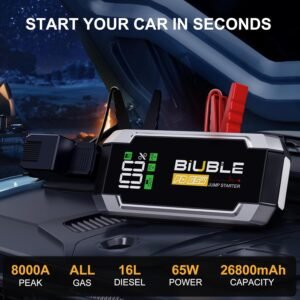FLYLINKTECH Car Battery Jump Starter, 8000A Peak 26800mAh Jump Start Battery Pack(for All Gas or up to 12L Diesel),12V Jump Box with PD65W Fast Charging and 600 Lumen LED Light