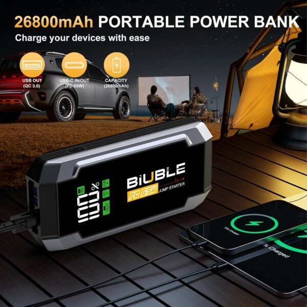 FLYLINKTECH Car Battery Jump Starter, 8000A Peak 26800mAh Jump Start Battery Pack(for All Gas or up to 12L Diesel),12V Jump Box with PD65W Fast Charging and 600 Lumen LED Light - Image 6